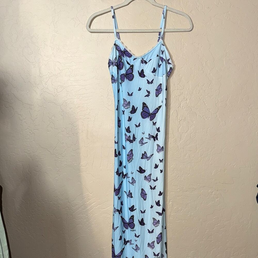 Omighty y2k style blue butterfly print slip dress midi maxi length stretch small